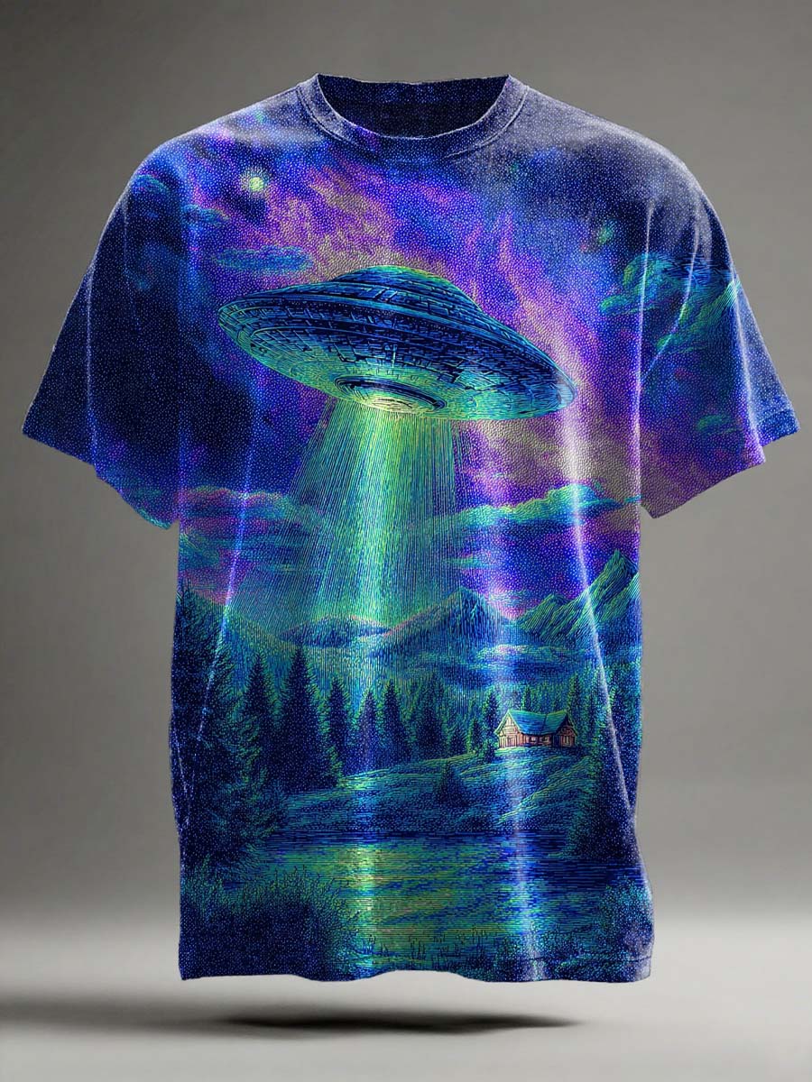 Abstract Shimmering Spaceship Print Casual Short-Sleeve T-Shirt