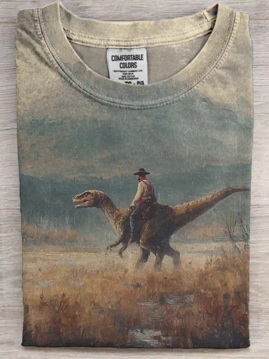 Retro Western Cowboy Dinosaur Print Casual Short-Sleeve T-Shirt