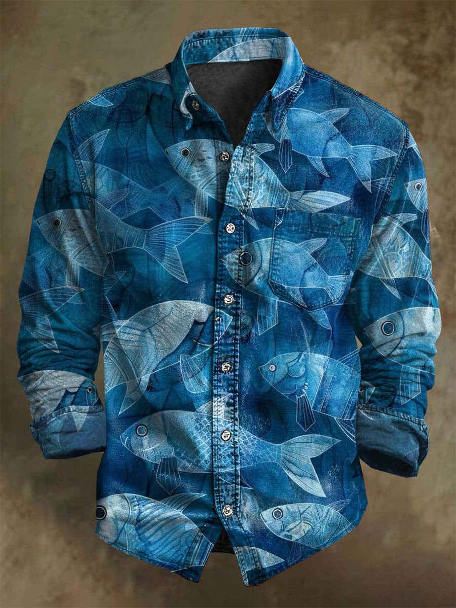 Abstract Fish Print Casual Long-Sleeve Shirt