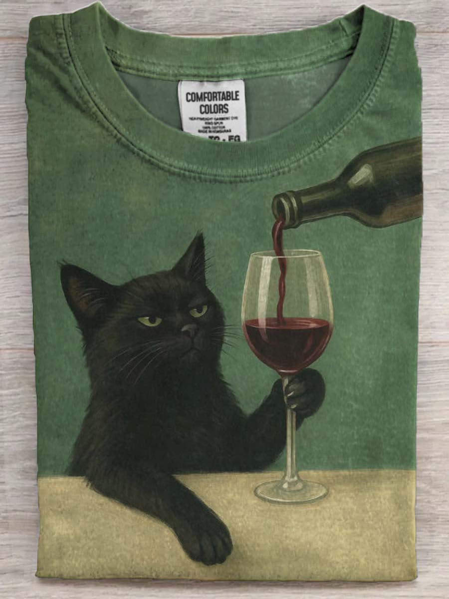 Funny Cat Drinking Print Casual Short-Sleeve T-Shirt