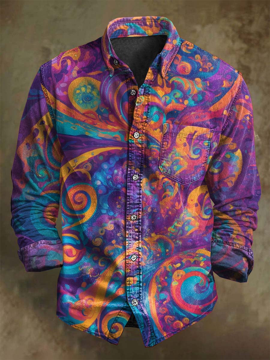 Abstract Psychedelic Swirl Print Casual Long-Sleeve Shirt