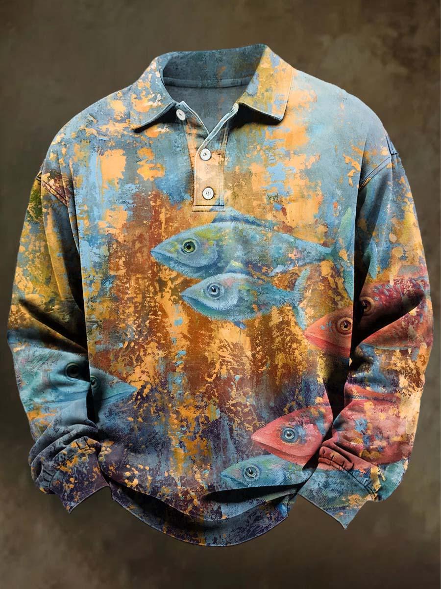 Abstract Fish Print Casual Long-Sleeve Polo Shirt