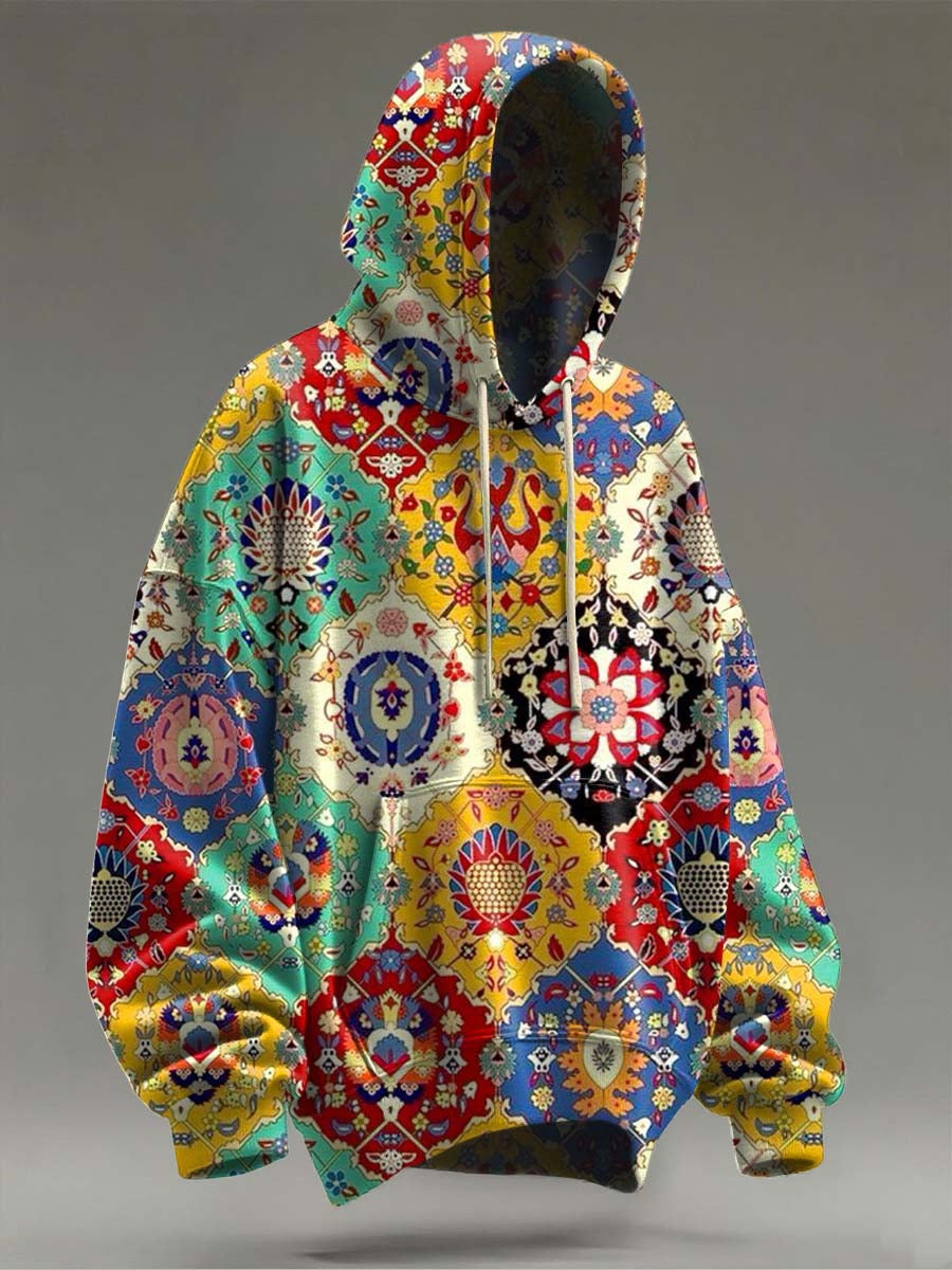 Retro Ethnic Floral Print Casual Hooded Sweatshirt