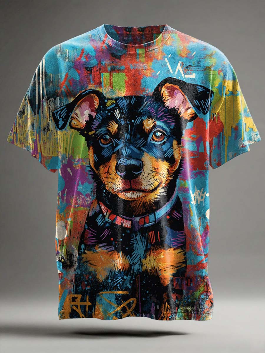 Abstract Doodle Dog Print Casual Short-Sleeve T-Shirt