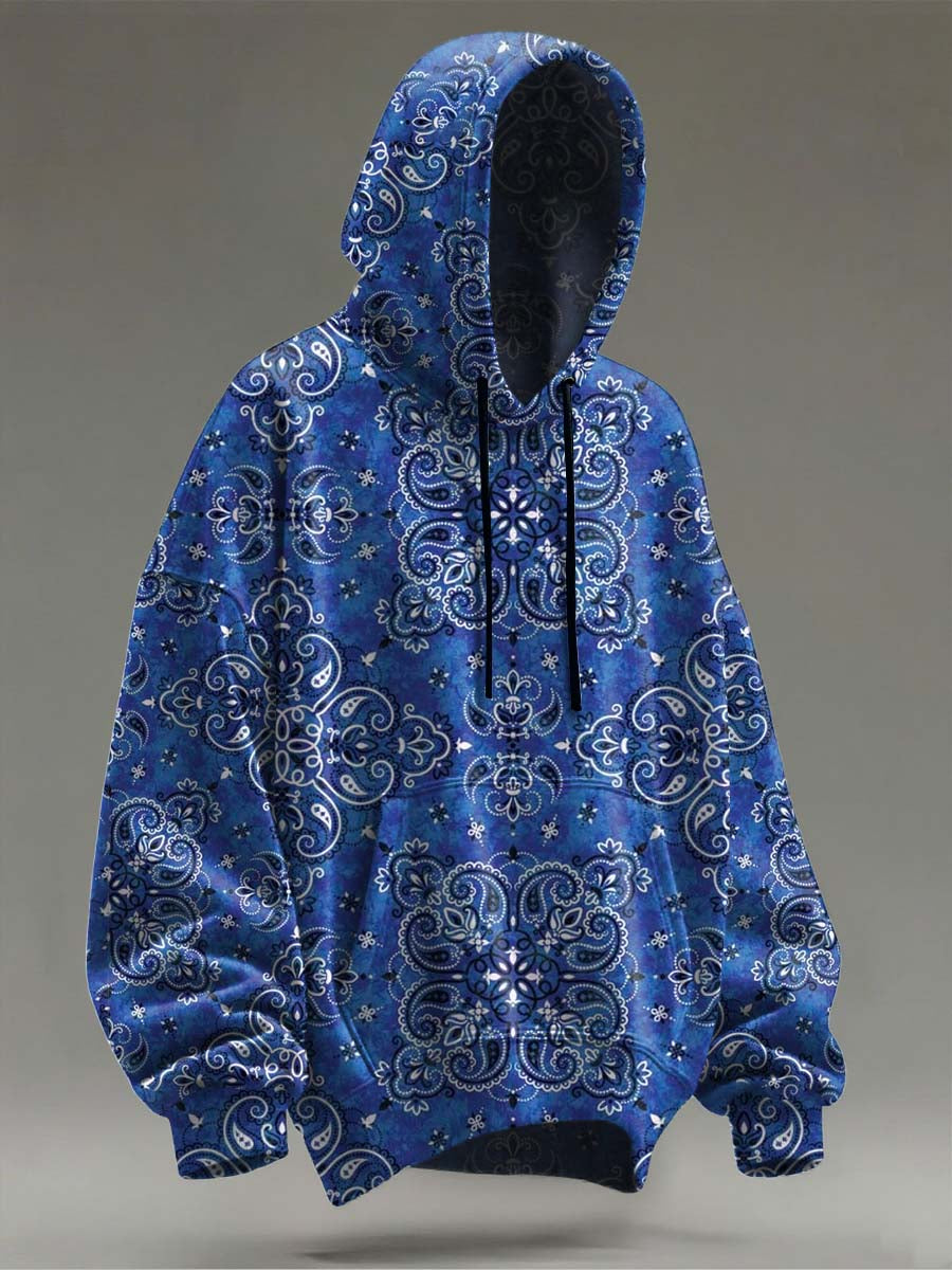 Retro Ethnic Floral Print Casual Hooded Sweatshirt