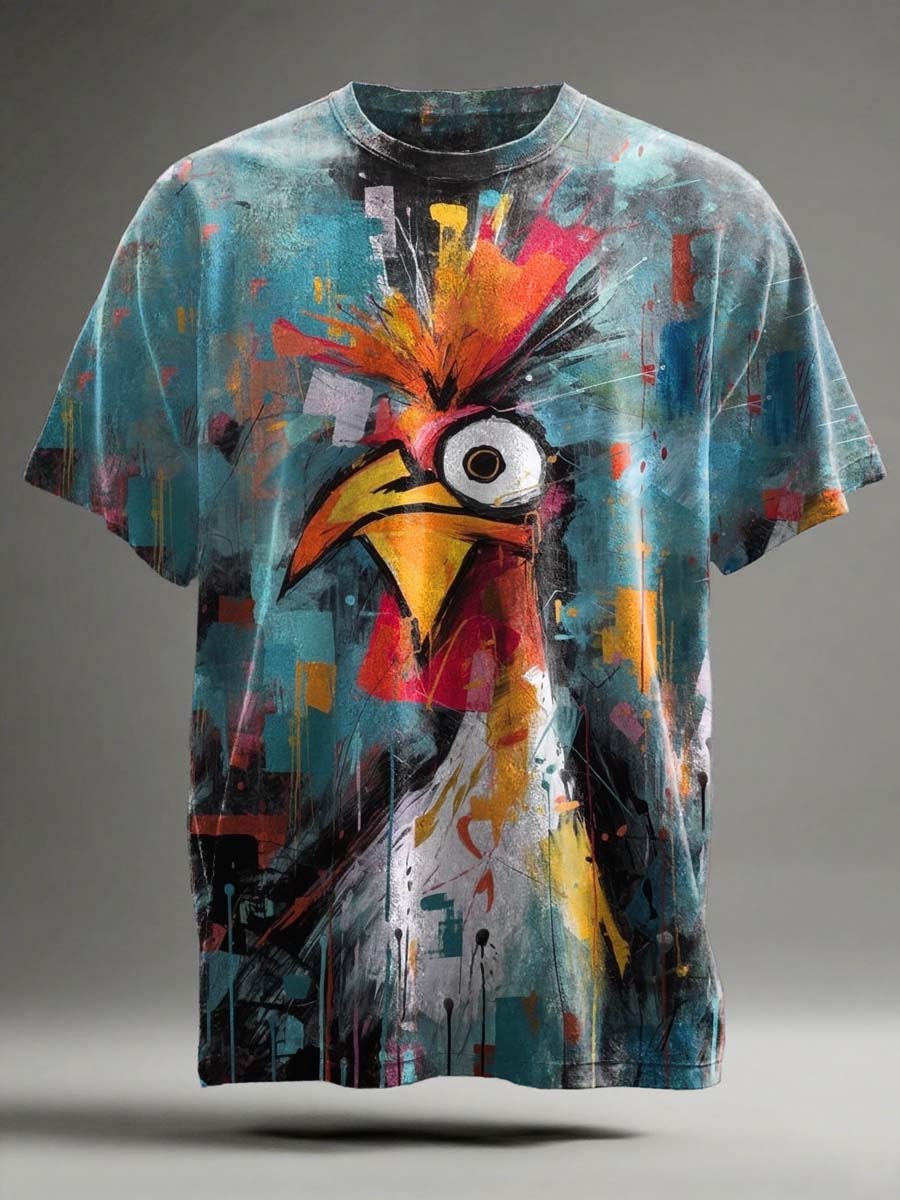 Abstract Doodle Chicken Print Casual Short-Sleeve T-Shirt