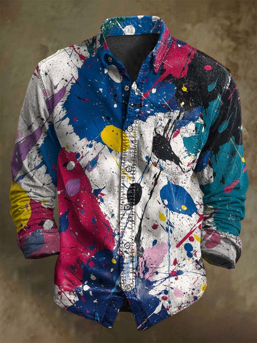 Abstract Oil Painting Ink-Splash Print Casual Long-Sleeve Shirt