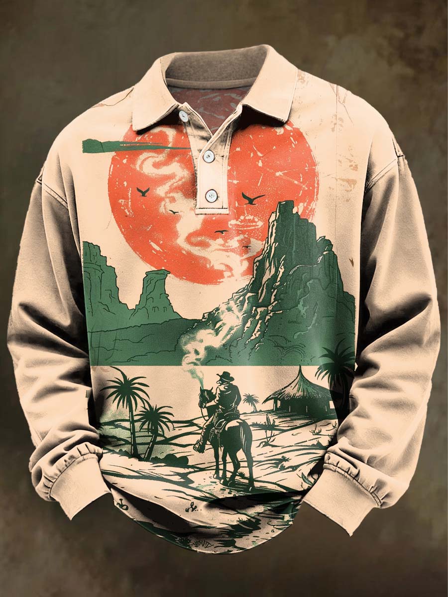 Western Cowboy Print Casual Long-Sleeve Polo Shirt