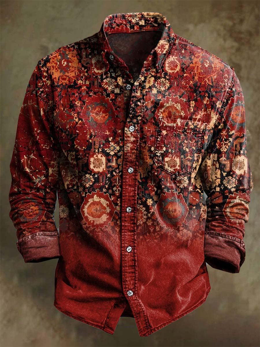 Retro Floral Print Casual Long-Sleeve Shirt