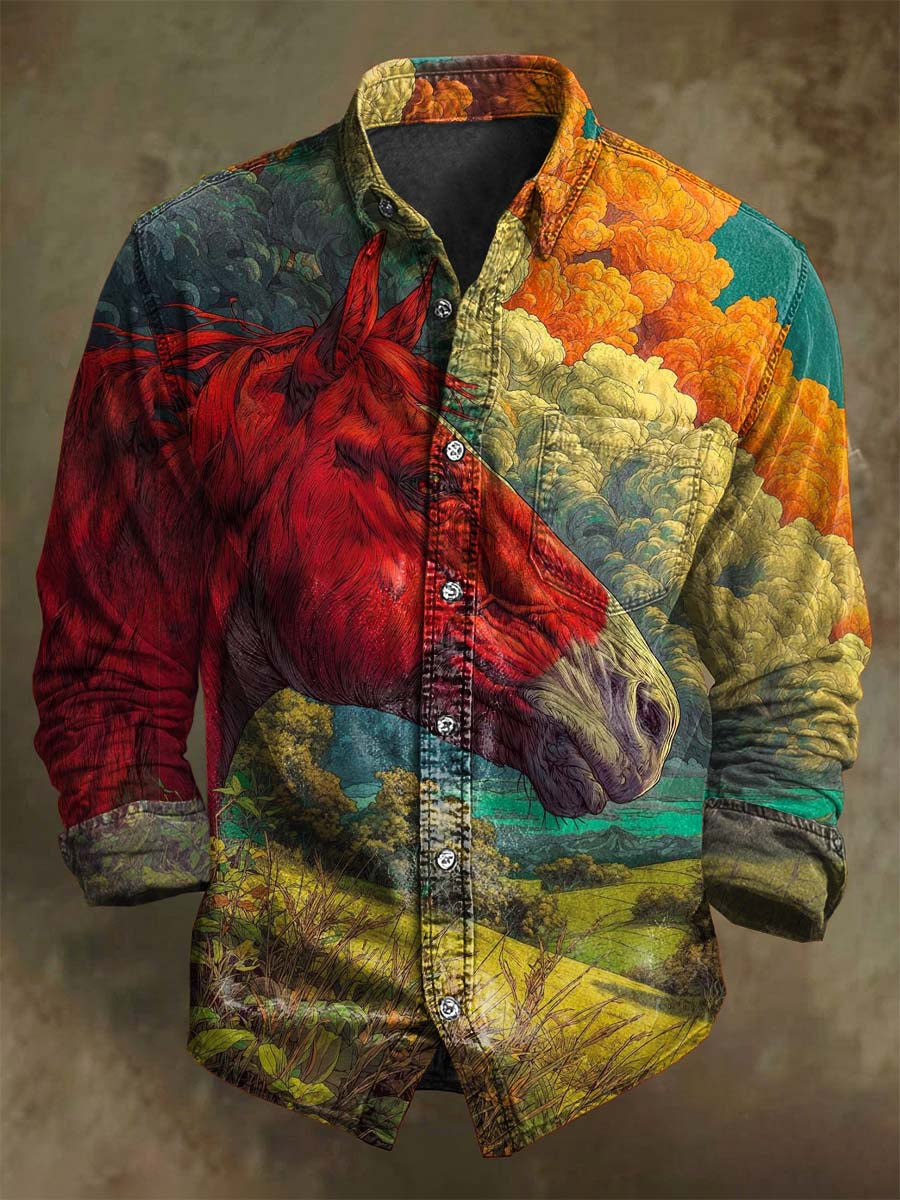 Abstract Horse Print Casual Long-Sleeve Shirt