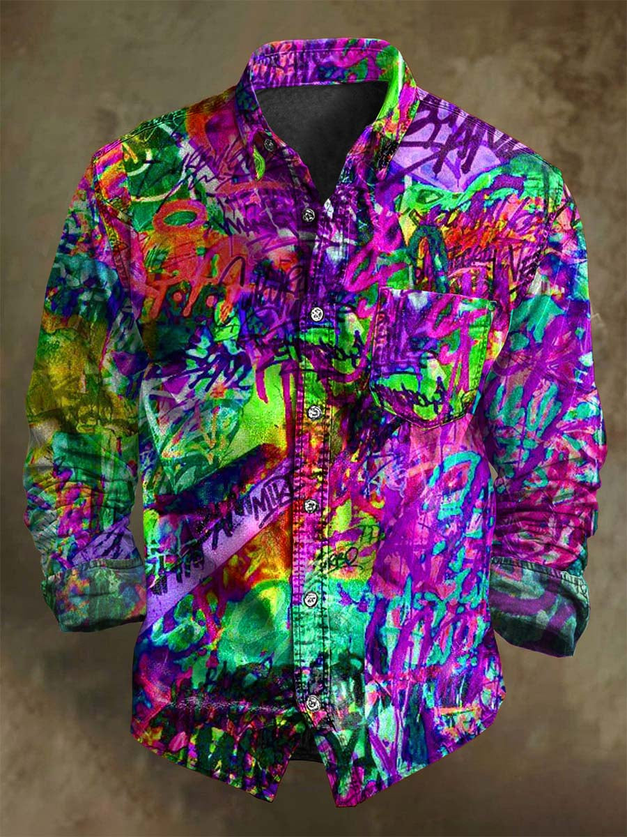 Color-Blocked Abstract Art Print Casual Long-Sleeve Shirt