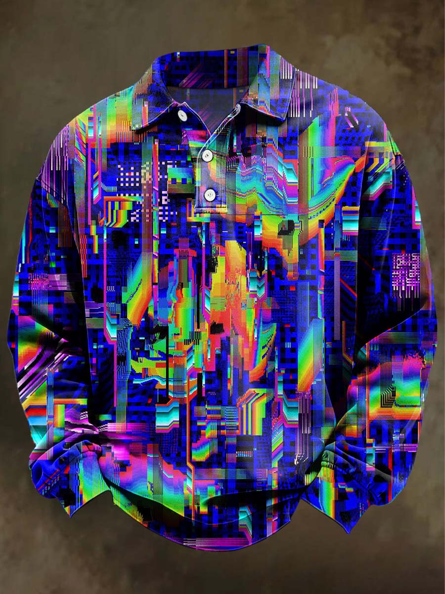 Psychedelic lrregular Geometric Print CasuLong-Sleeve Polo Shirt