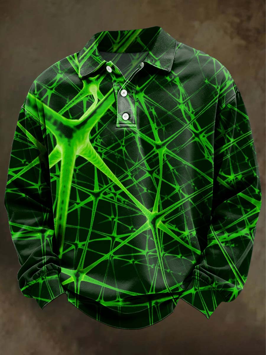 Psychedelic lrregular Geometric Print CasuLong-Sleeve Polo Shirt