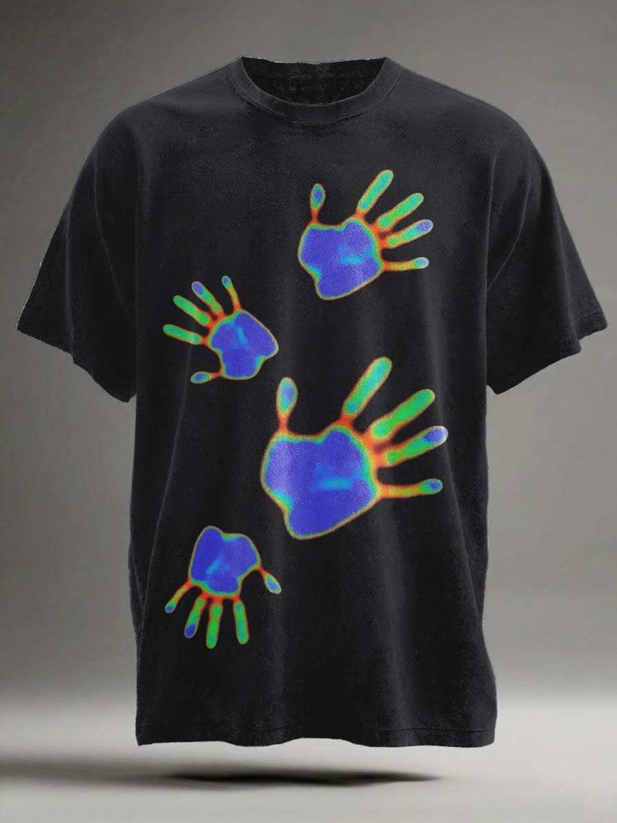 Abstract Thermal-Sensitive Handprint Print Casual Short-Sleeve T-Shirt