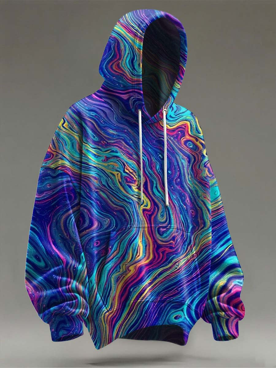 Abstract Color-Blocked Striped Sand-Printed Casual Hooded Sweatshirt
