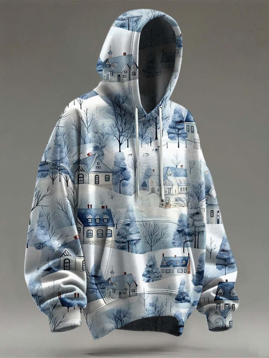 Christmas Snow House Print Casual Hooded Sweatshirt