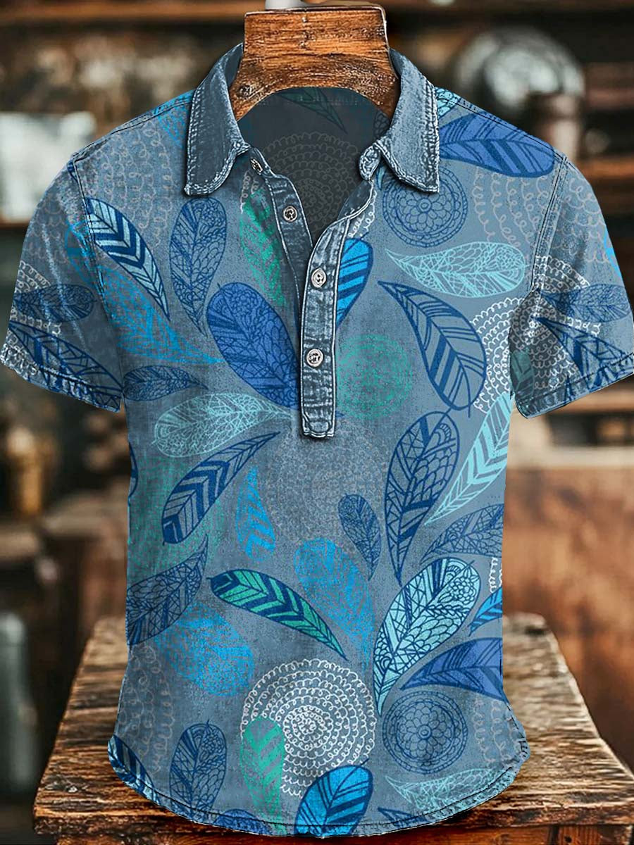 Retro Feather Pattern Print Casual Short-Sleeve Polo Shirt