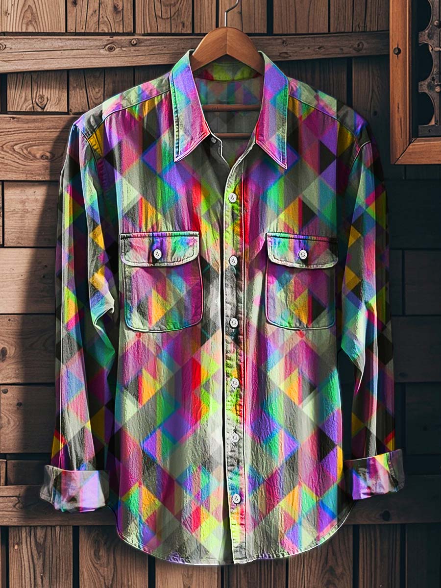 Psychedelic Rainbow Plaid Print Casual Long-Sleeve Shirt
