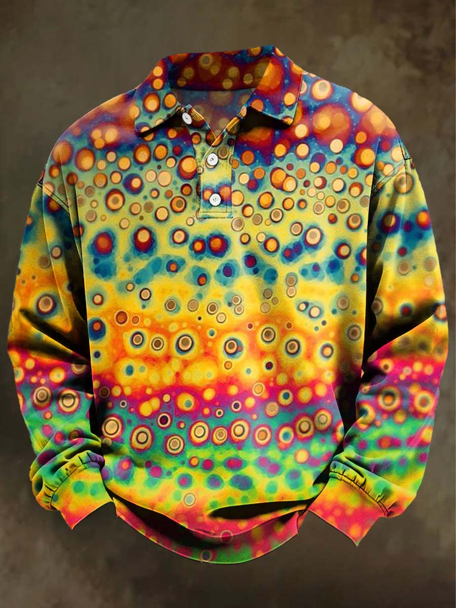 Psychedelic Polka Dot Print Casual Long-Sleeve Polo Shirt