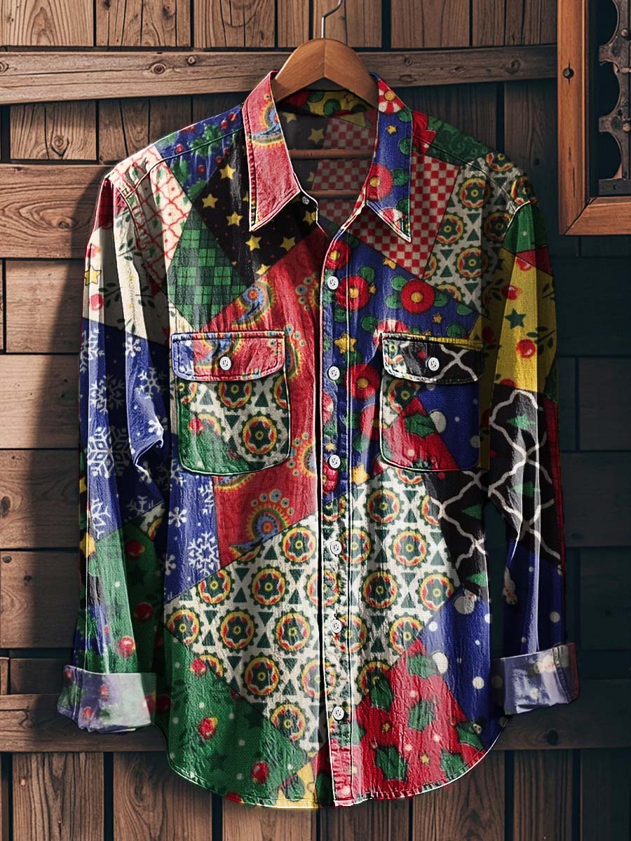 Retro Patchwork Print Casual Long-Sleeve Shirt