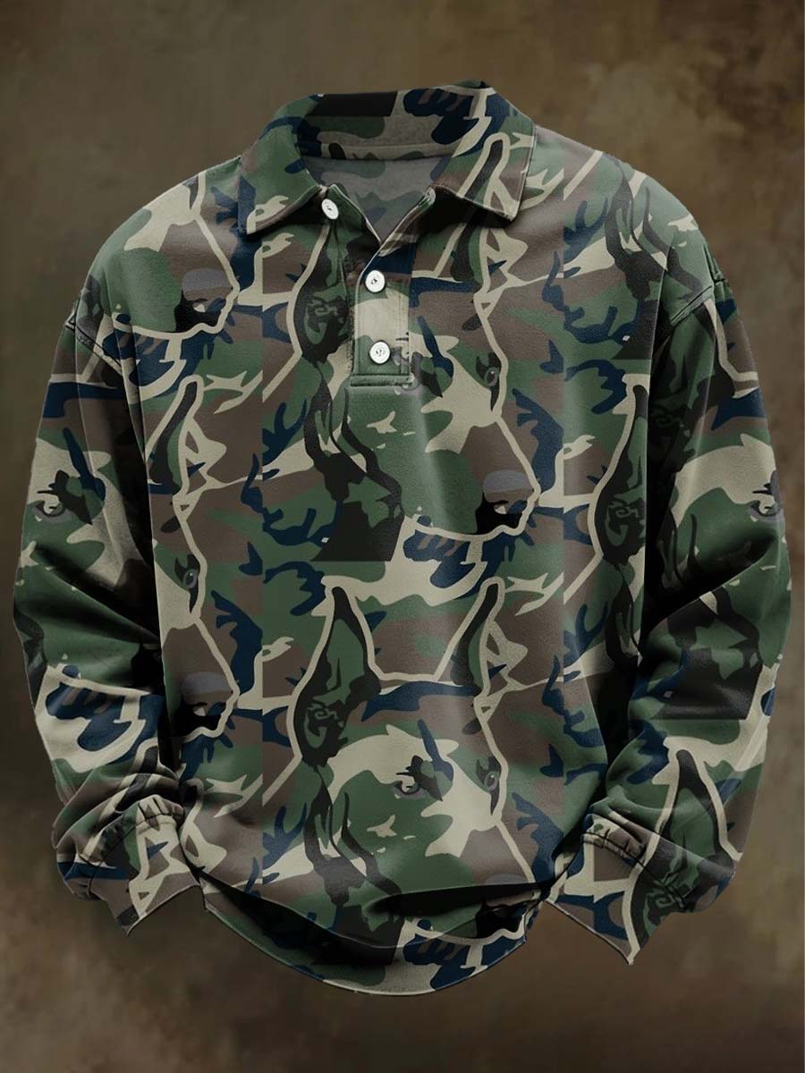 Camouflage Dog Head Print Casual Long-Sleeve Polo Shirt