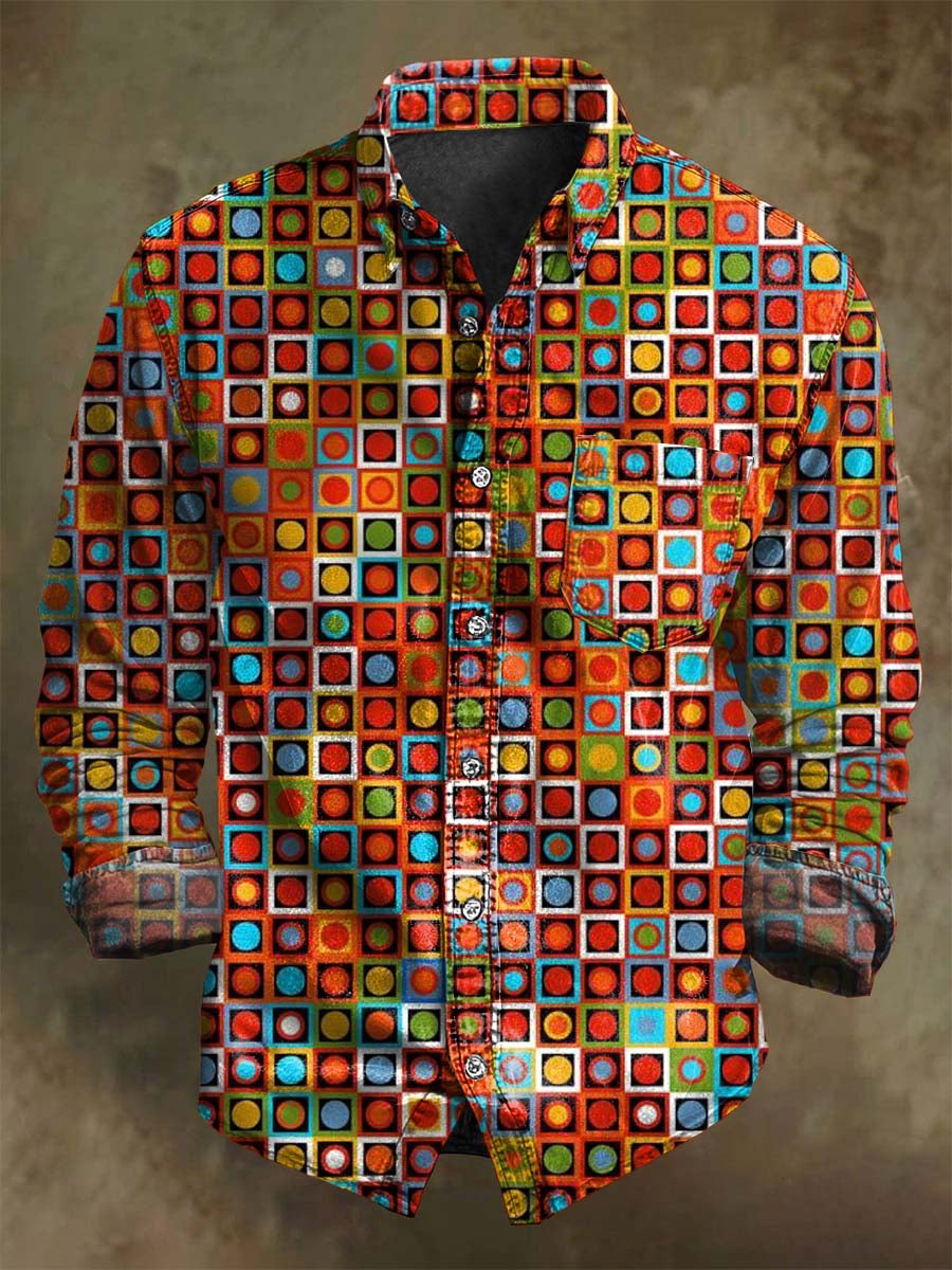 Geometric Pixel-Printed Casual Long-Sleeve Shirt