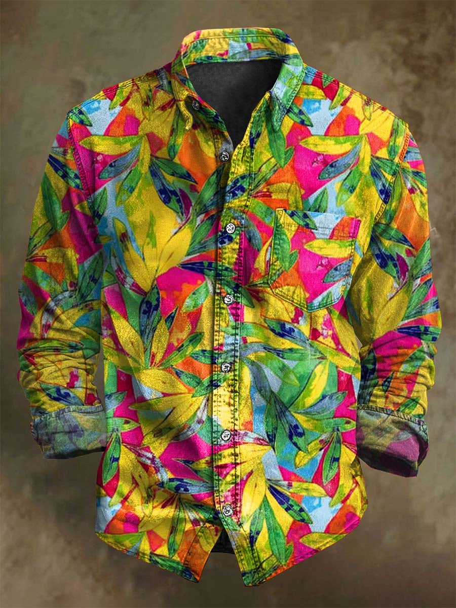 Abstract Tropical Prismatic Print Casual Long-Sleeve Shirt