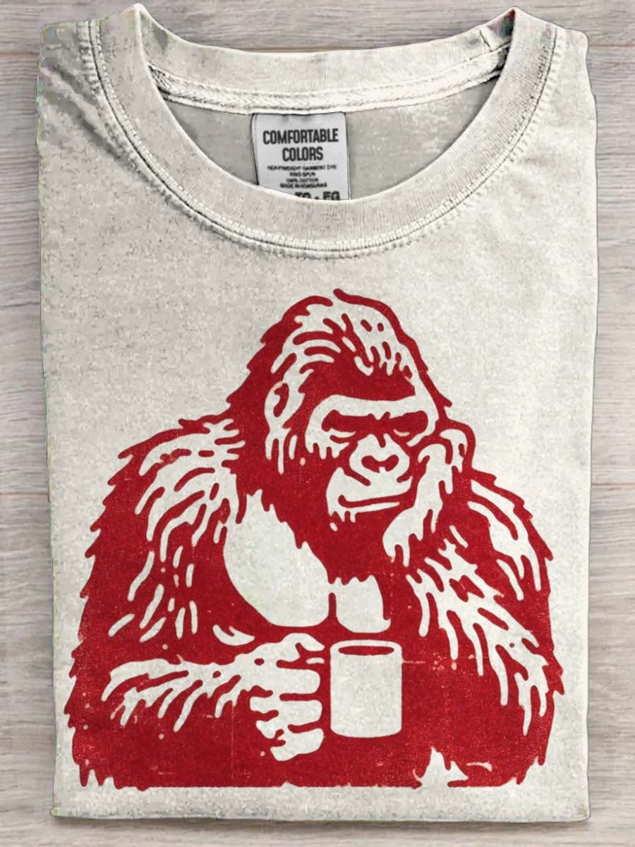 Abstract Gorilla Drinking Coffee Print Casual Short-Sleeve T-Shirt