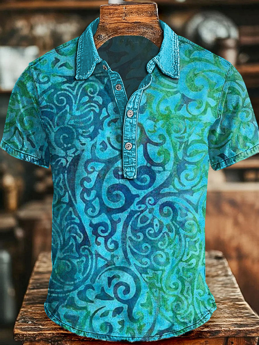 Retro Paisley Print Casual Short-Sleeve Polo Shirt