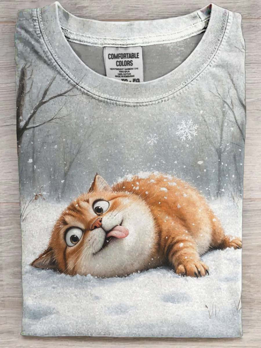 Funny Snowy Orange Cat Print Casual Short-Sleeve T-Shirt
