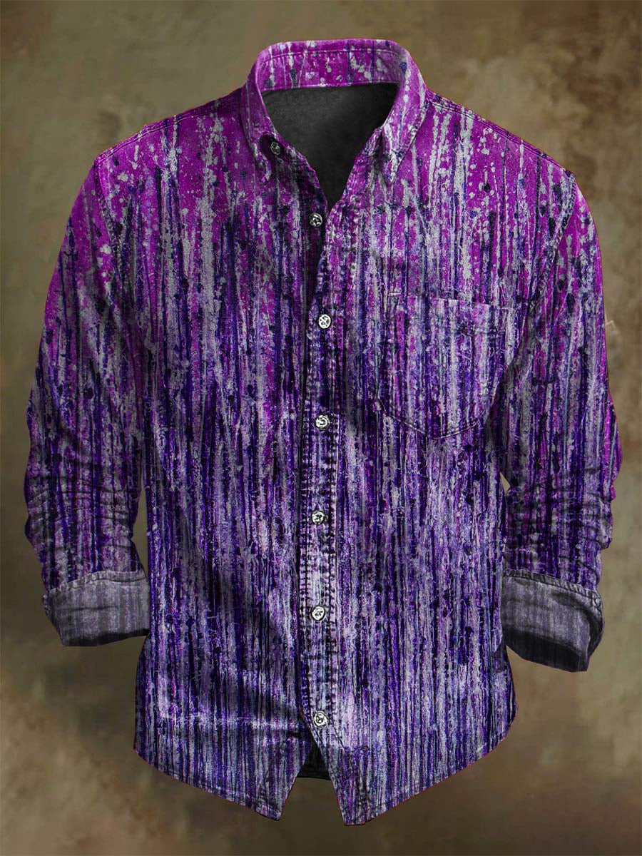 Abstract Vertical Stripes Distressed Print Casual Long-Sleeve Shirt