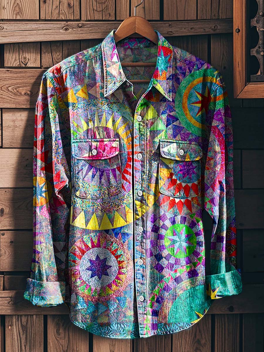 Colorful Geometric Collage Art Print Casual Long-Sleeve Shirt