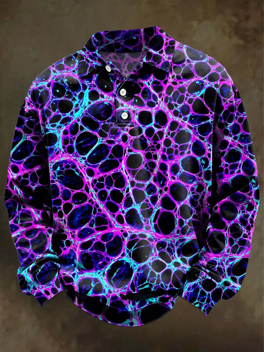 Abstract Texture Visual Print Casual Long-Sleeve Polo Shirt