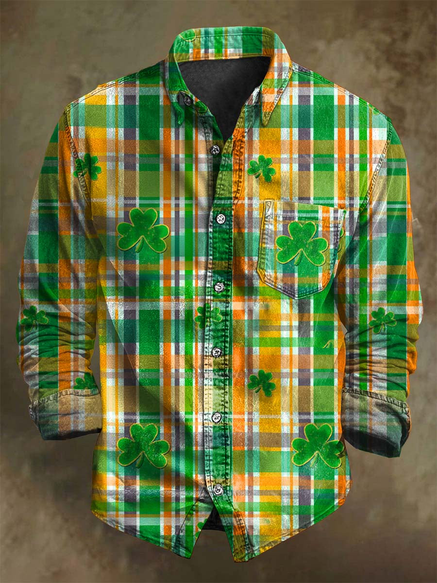 St. Patrick's Day Shamrock Plaid Print Casual Long-Sleeve Shirt