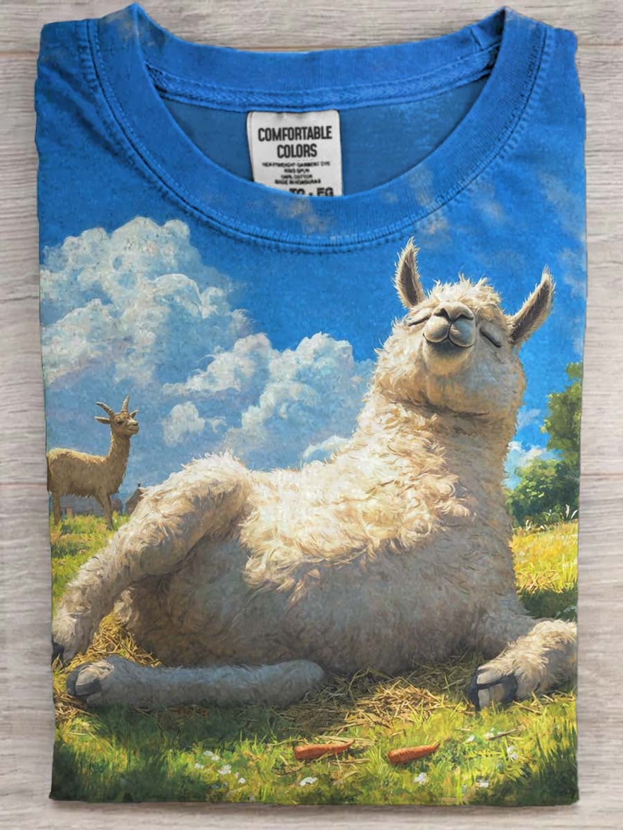 Reclining Alpaca Print Casual Short-Sleeve T-Shirt