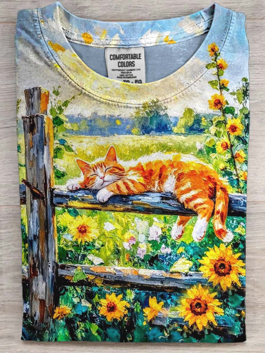 Oil Painting Style Sleeping Cat Sunflower Print Casual Short-Sleeve T-Shirt