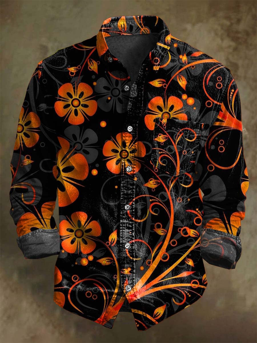 Orange and Black Floral Print Casual Long-Sleeve Shirt