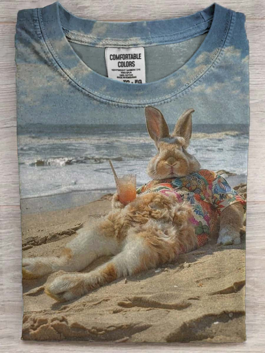 Vacation-Style Sand Rabbit Print Casual Short-Sleeve T-Shirt