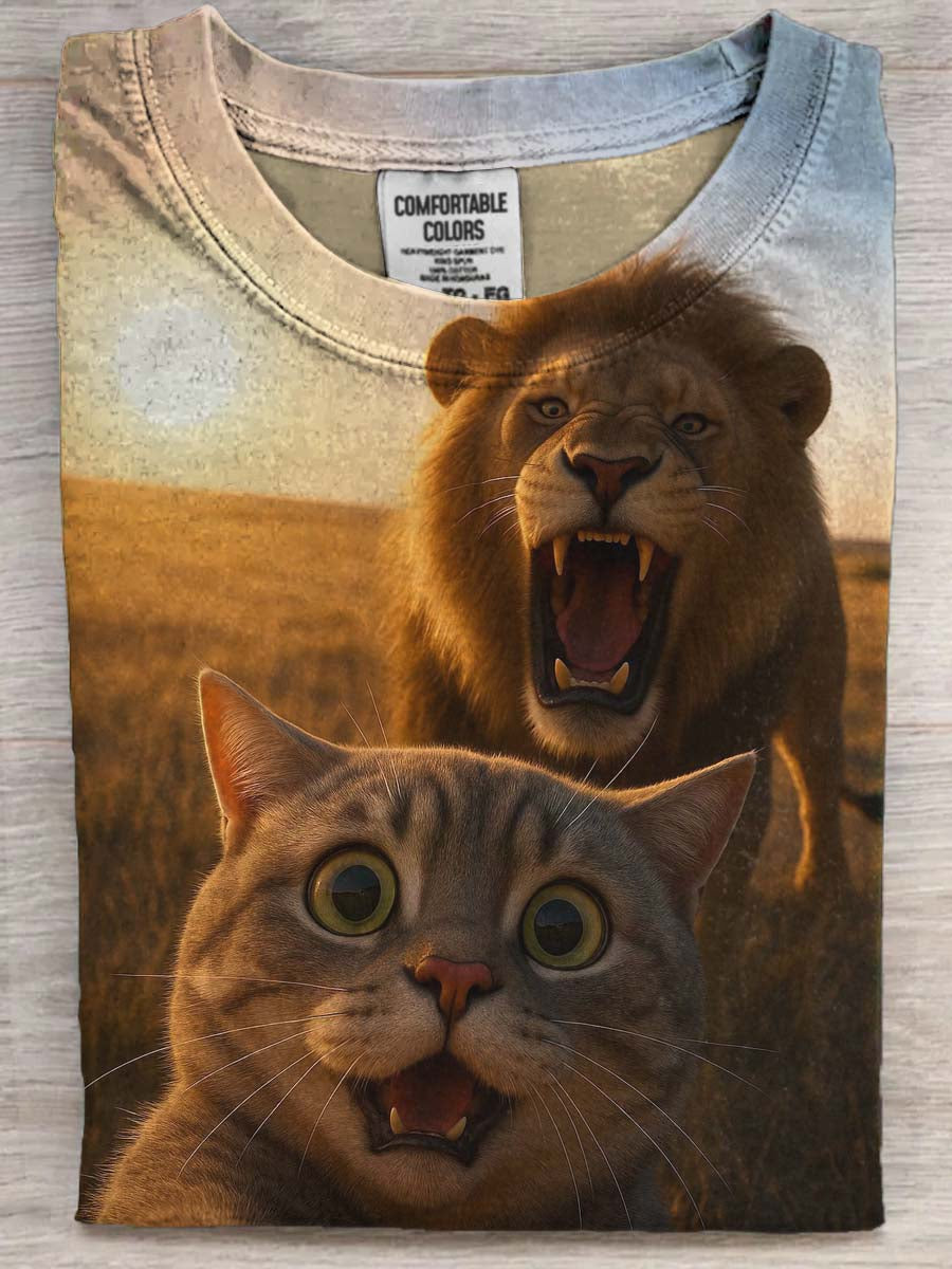 Surprised Cat and Lion Print Casual Short-Sleeve T-Shirt