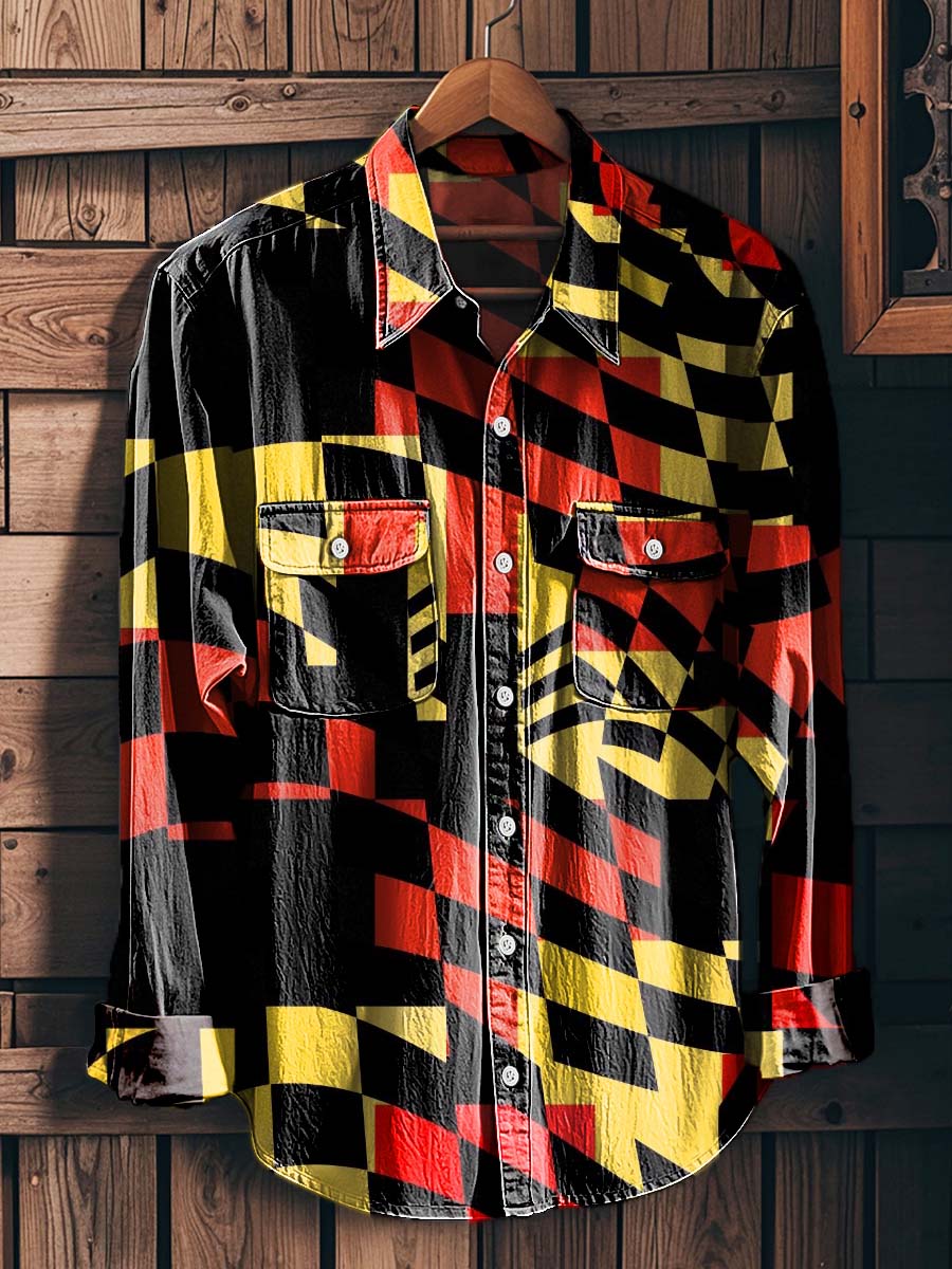 Abstract Geometric Contrast-Printed Casual Long-Sleeve Shirt