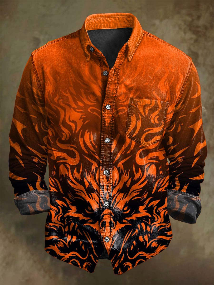 Abstract Gradient Flame Print Casual Long-Sleeve Shirt