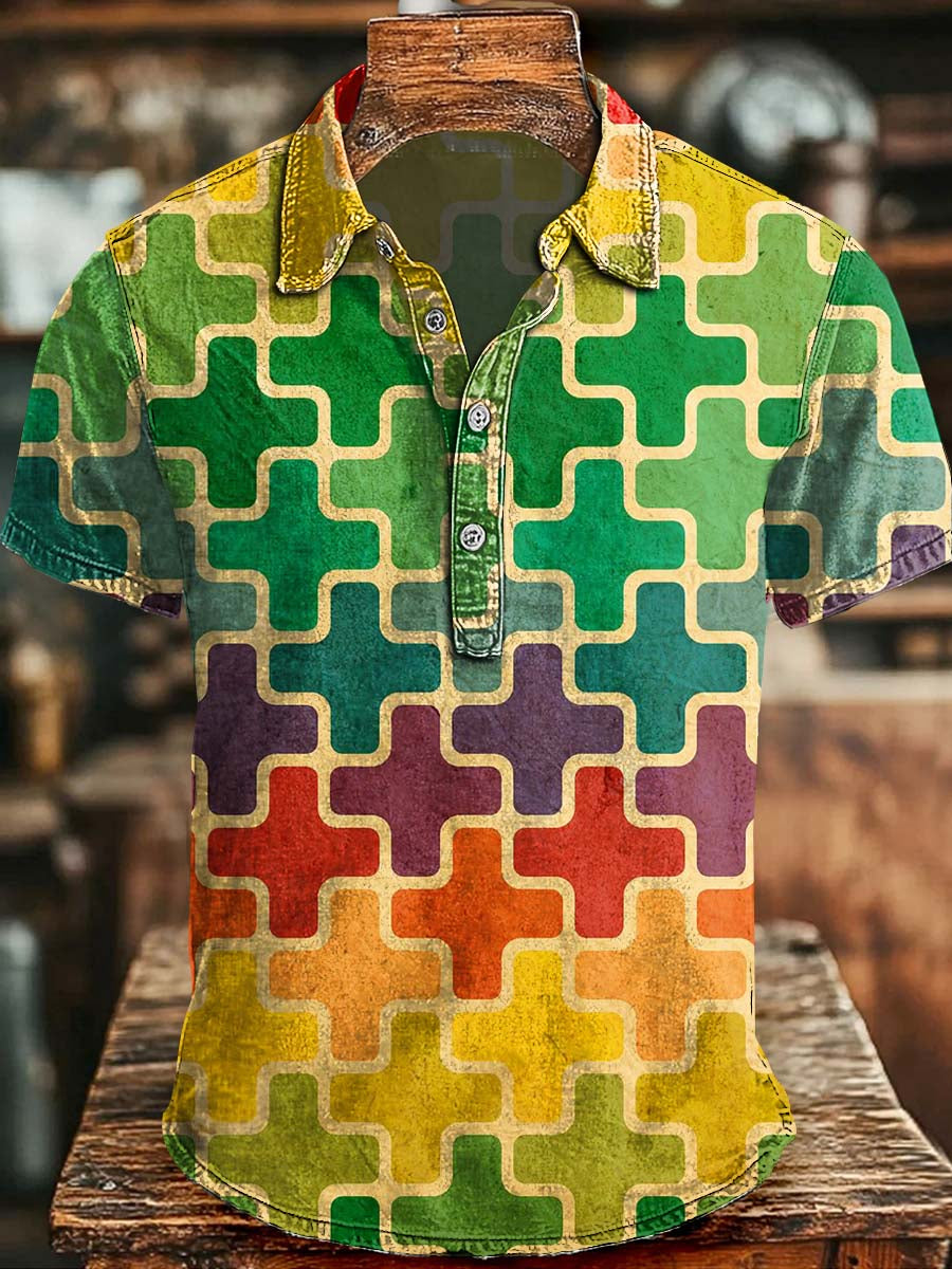 Abstract Retro Puzzle Block Print Casual Short-Sleeve Polo Shirt