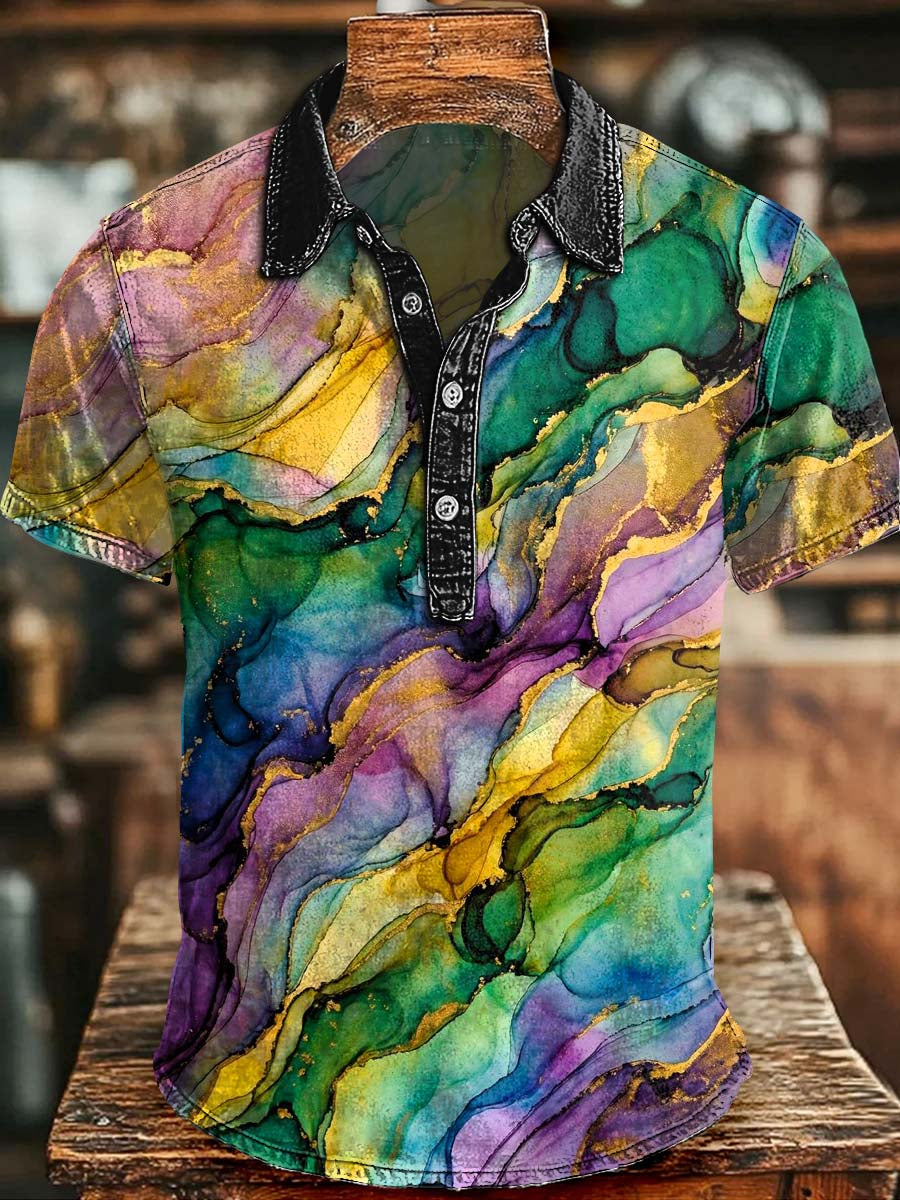 Abstract Rainbow Splash Ink Gold Pattern Print Casual Short-Sleeve Polo Shirt