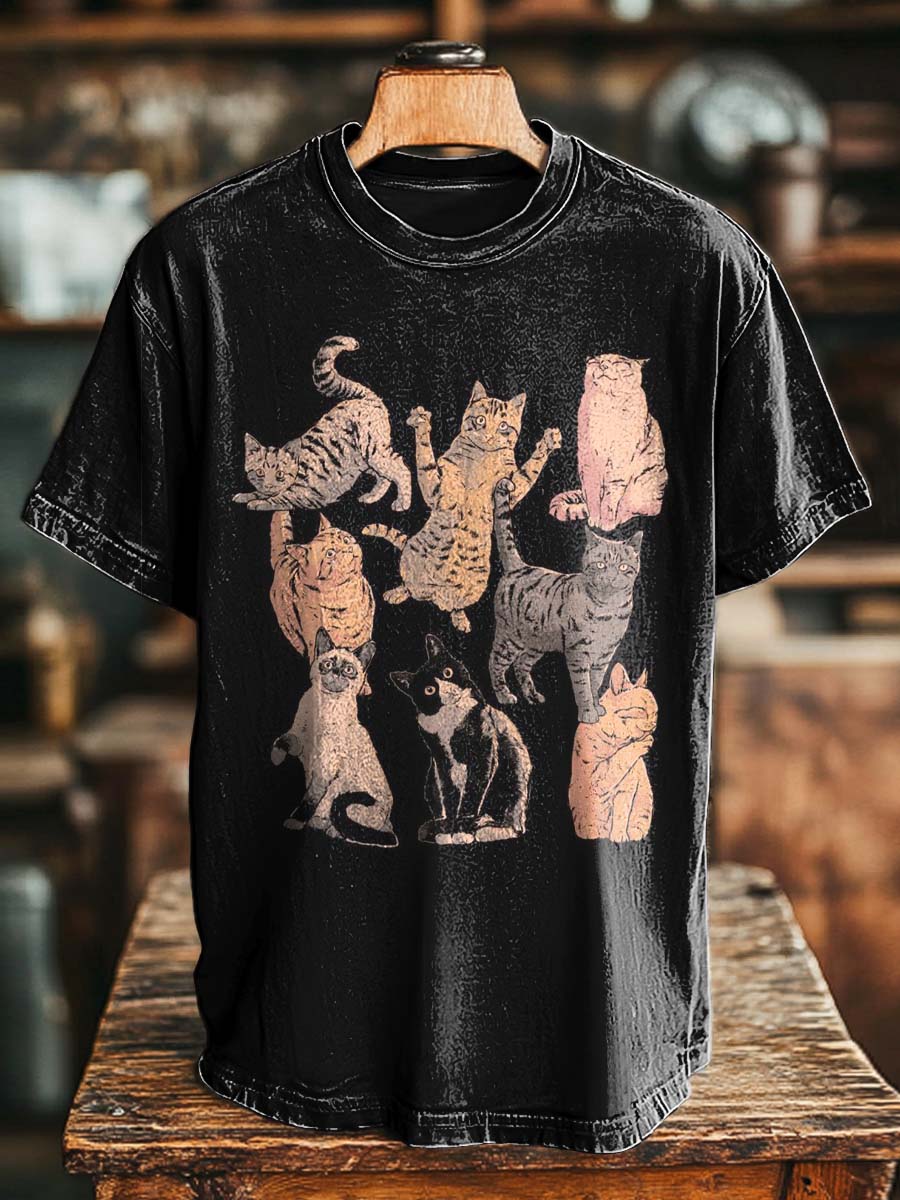 Retro Cat Collage Print Casual Short-Sleeve T-Shirt