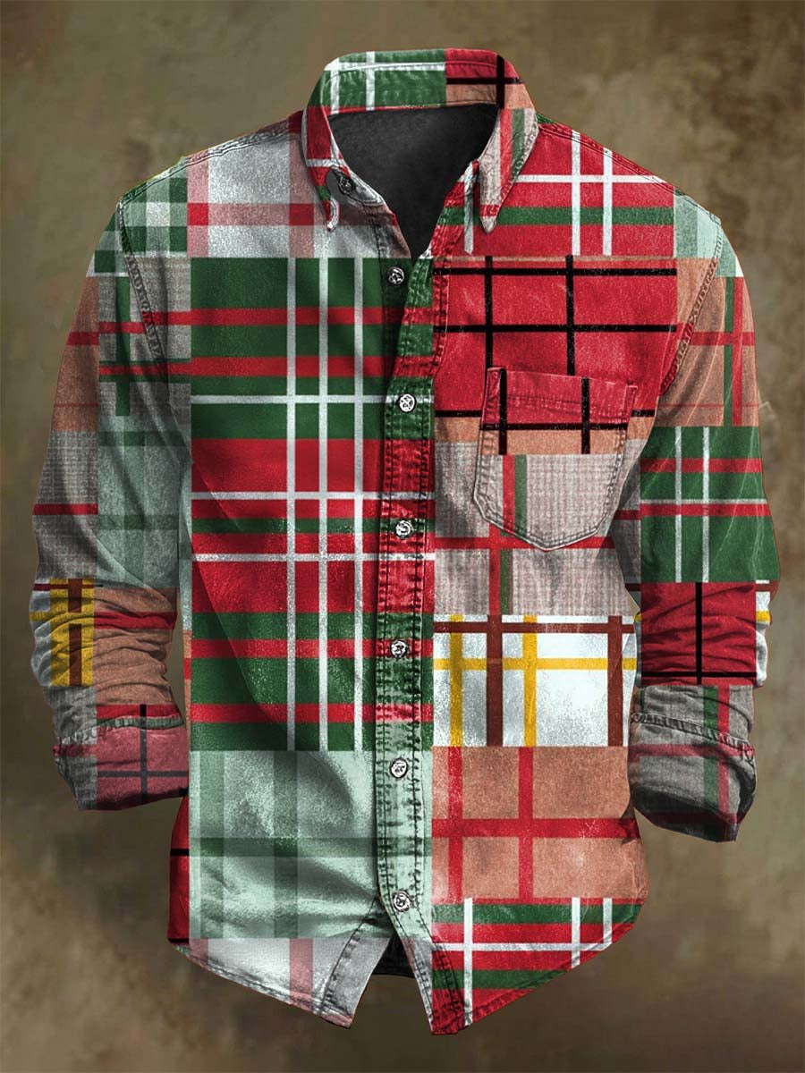 Christmas-themed contrasting plaid print casual long-sleeve shirt