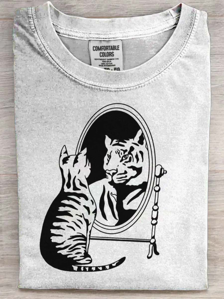 Mirror Tiger Cat Print Casual Short-Sleeve T-Shirt