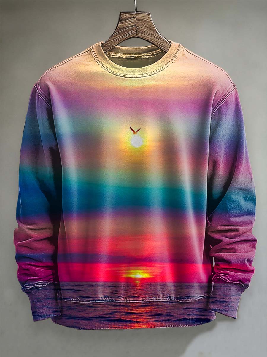 Sunset Glow Ocean Print Casual Crewneck Sweatshirt
