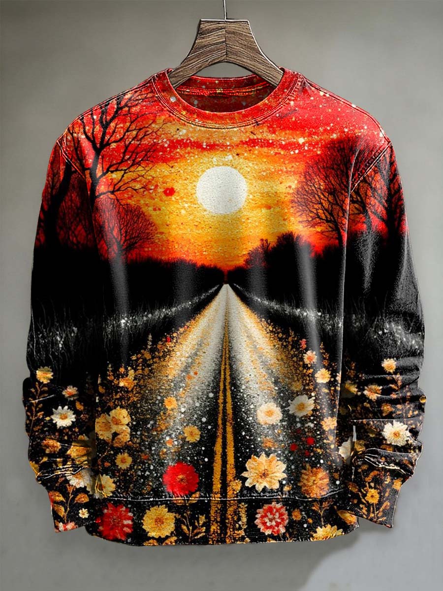 Dark Night Floral Print Casual Crewneck Sweatshirt