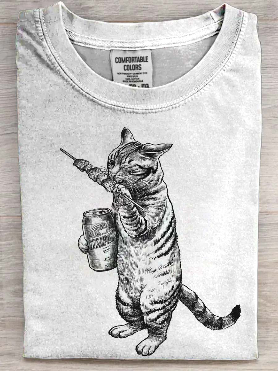 Grilled Skewers & Beer Cat Print Casual Short-Sleeve T-Shirt