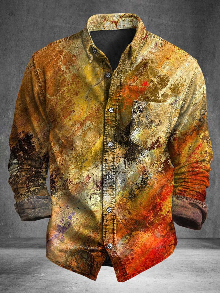 Distressed Rust Textured Print Casual Long-Sleeve Shirt
